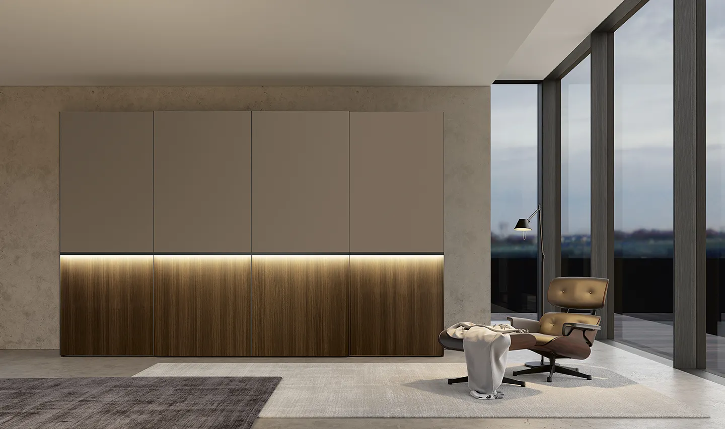 Armadio scorrevole Golf Utility Space Colombini bicolore tortora e legno con luce a led