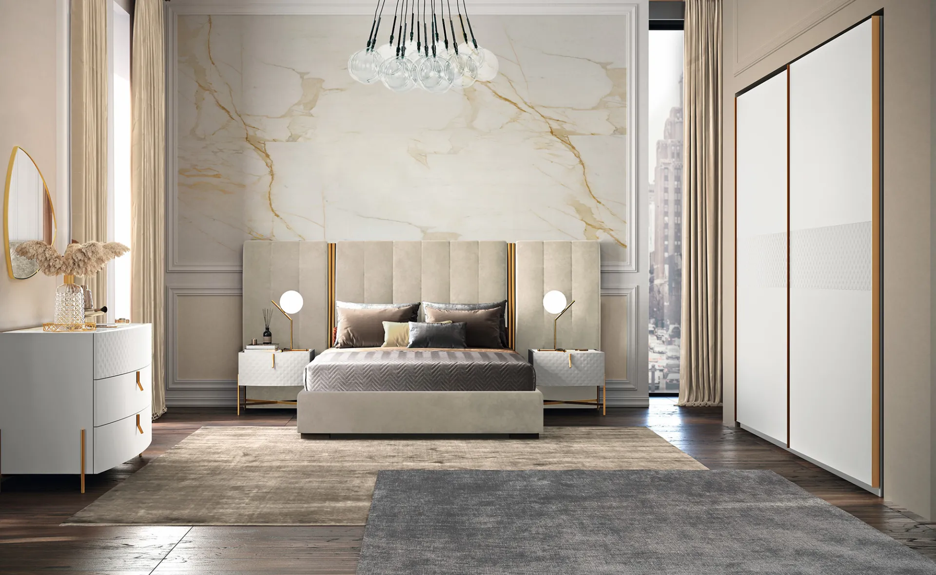 Camera da letto Prestige Mobilificio AG in finitura bianca con testiera alta imbottita