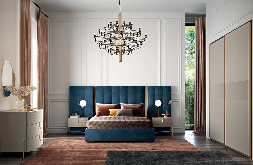 Camera Prestige Mobilificio AG corda e oro con testiera blu e armadio scorrevole