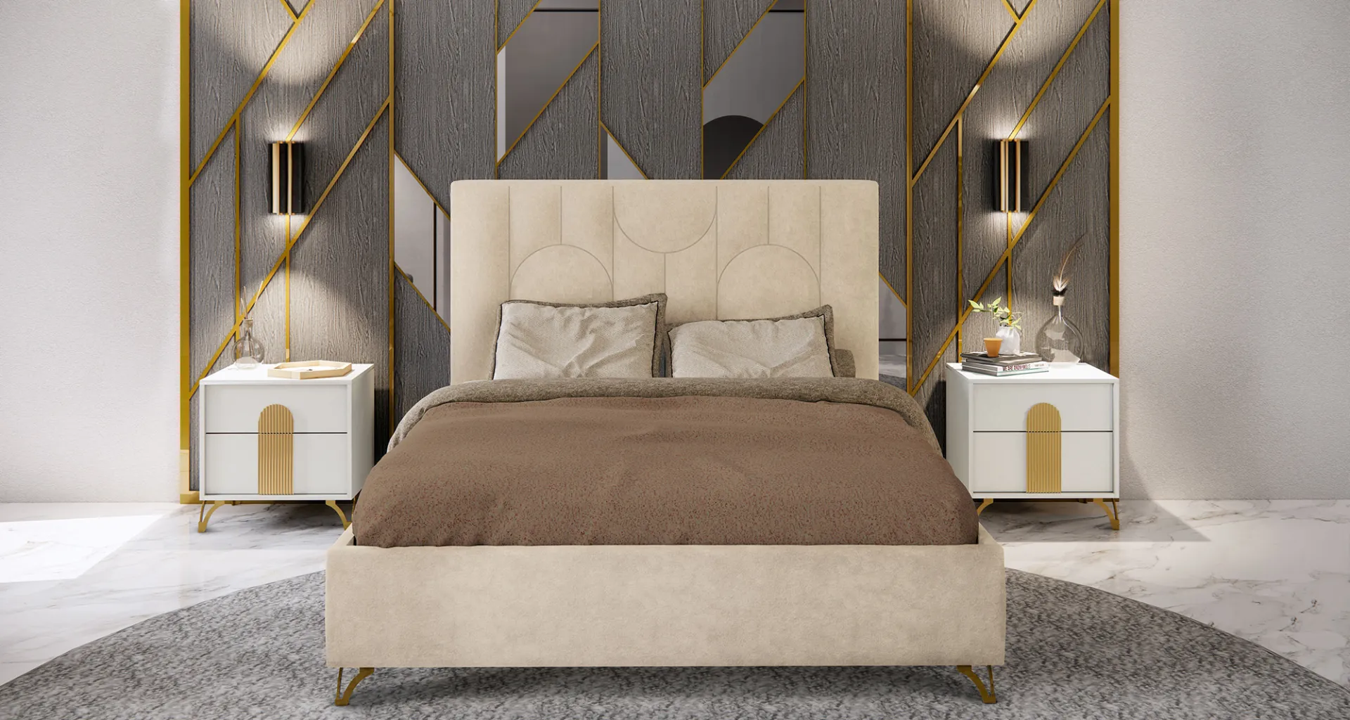 Camera da letto Grace Mobilificio AG con letto imbottito e comodini dalle maniglie dorate