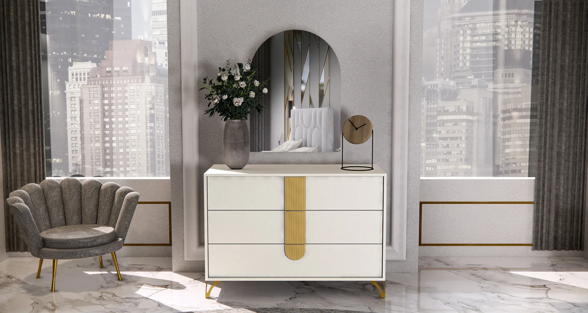 Comò Grace Mobilificio AG con maniglia ad arco cannettata e specchio ad arco