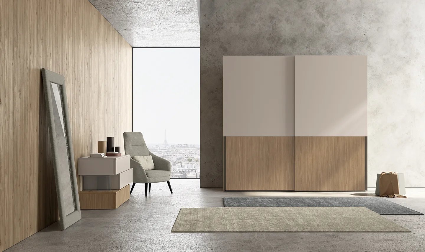 Armadio a due ante scorrevoli Golf Utility Space Colombini con fascia superiore chiara e inferiore in legno