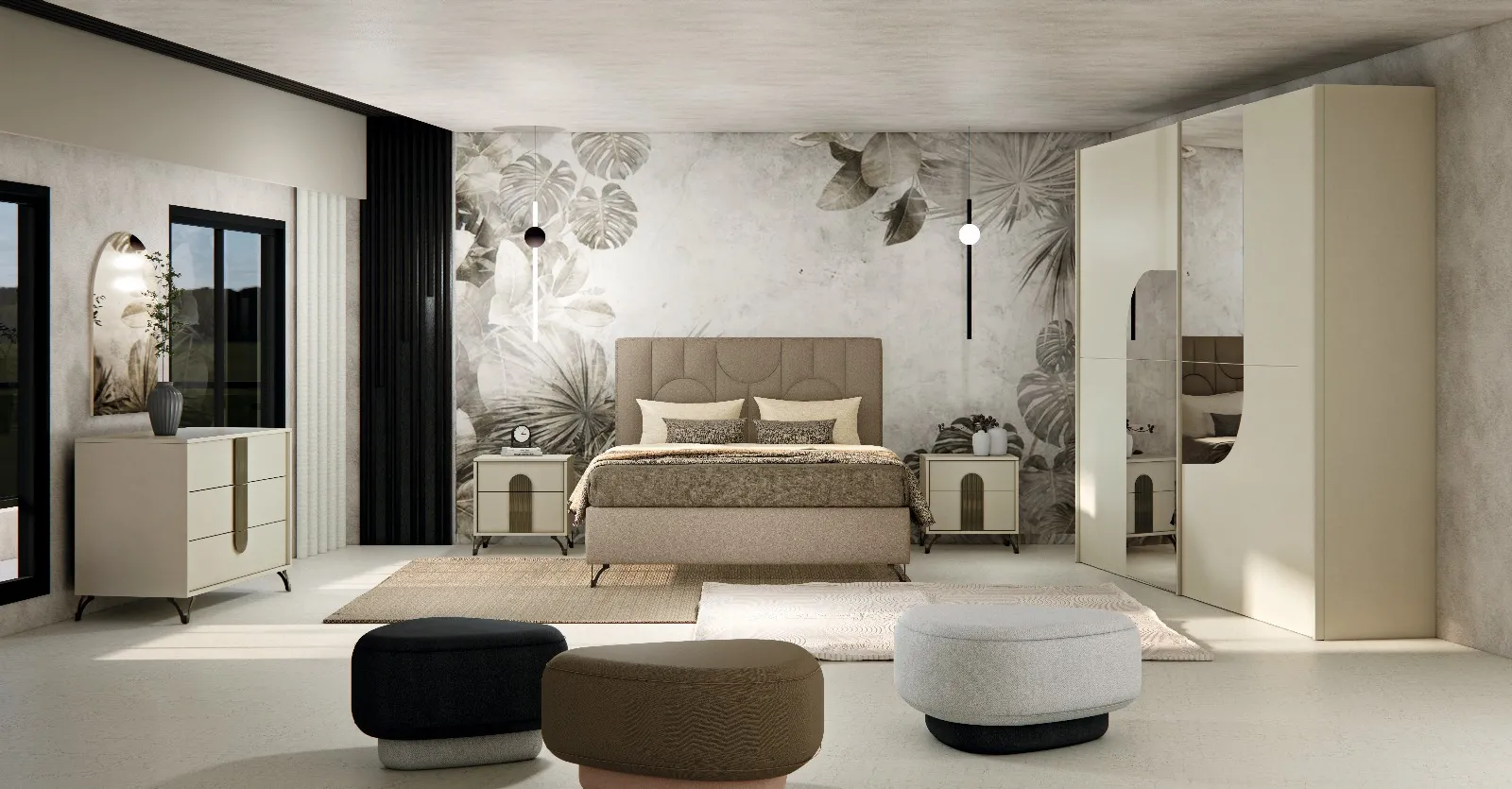 Camera Grace Mobilificio AG in finitura cashmere con maniglie grafite