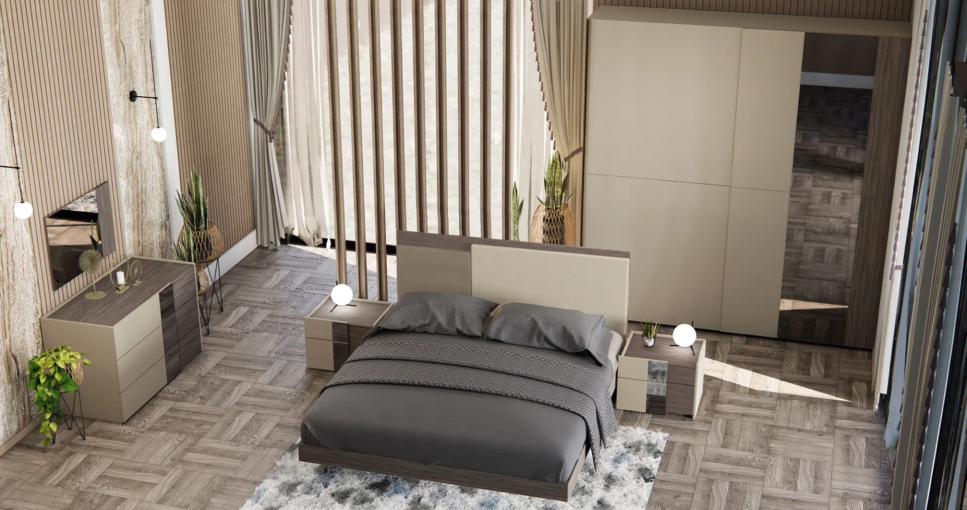 Camera da letto Reel Mobilificio AG con letto, armadio e comodini bicolore