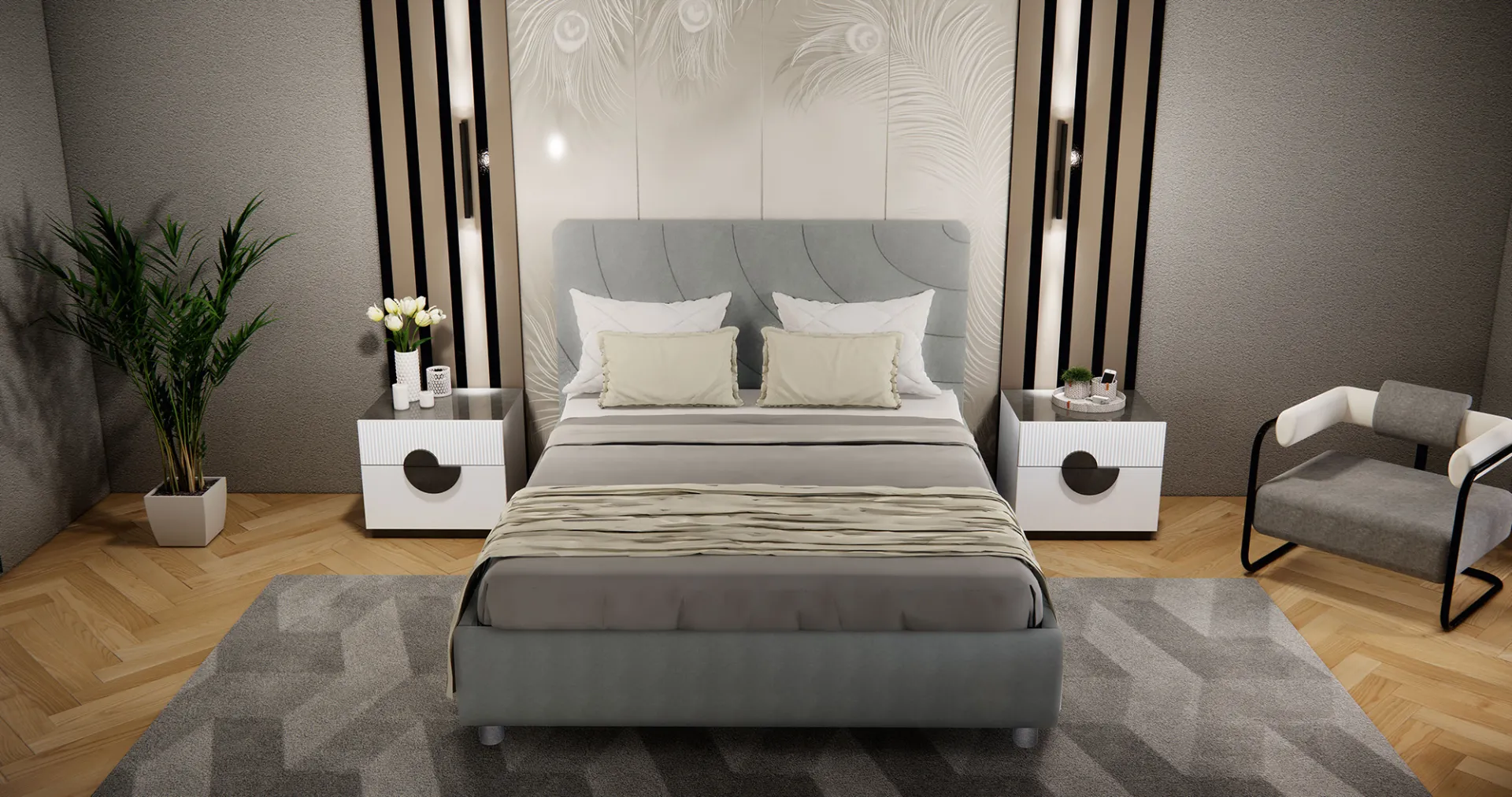 Camera da letto Vanity Mobilificio AG con letto imbottito grigio e comodini bianchi