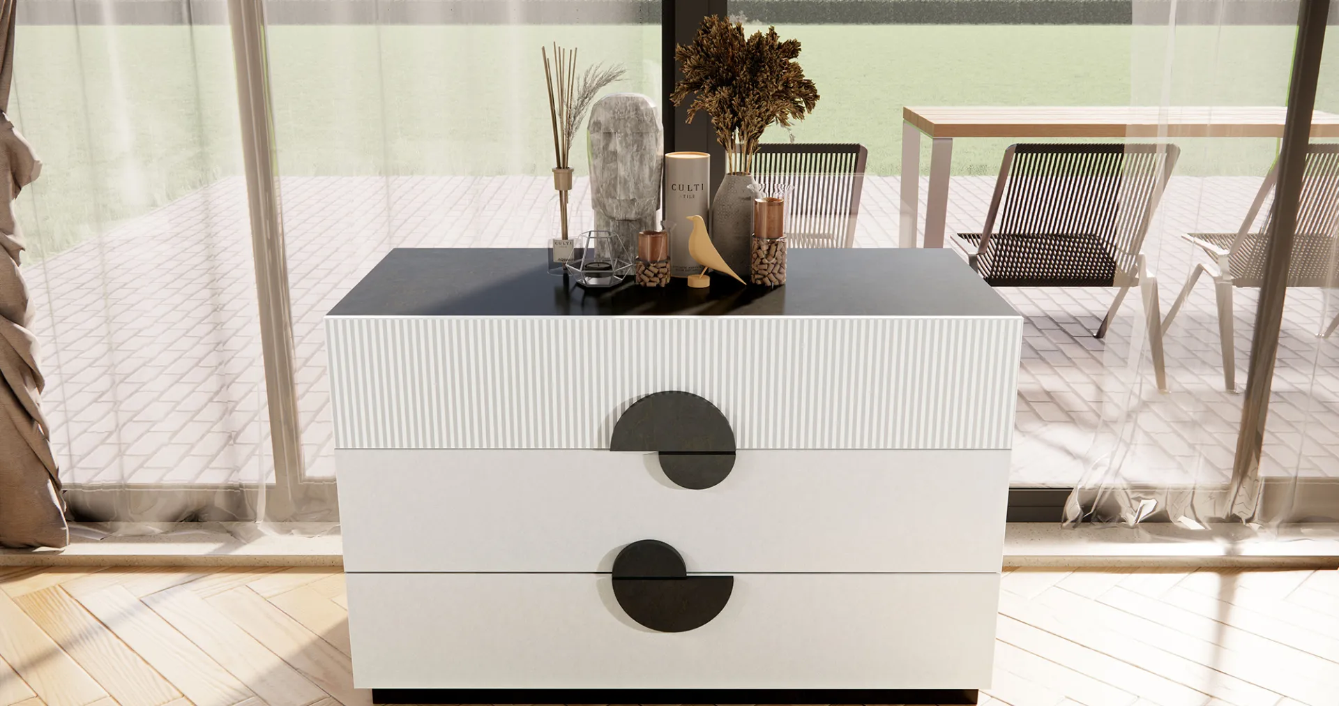 Comò Vanity Mobilificio AG con frontali cannettati e maniglie scure