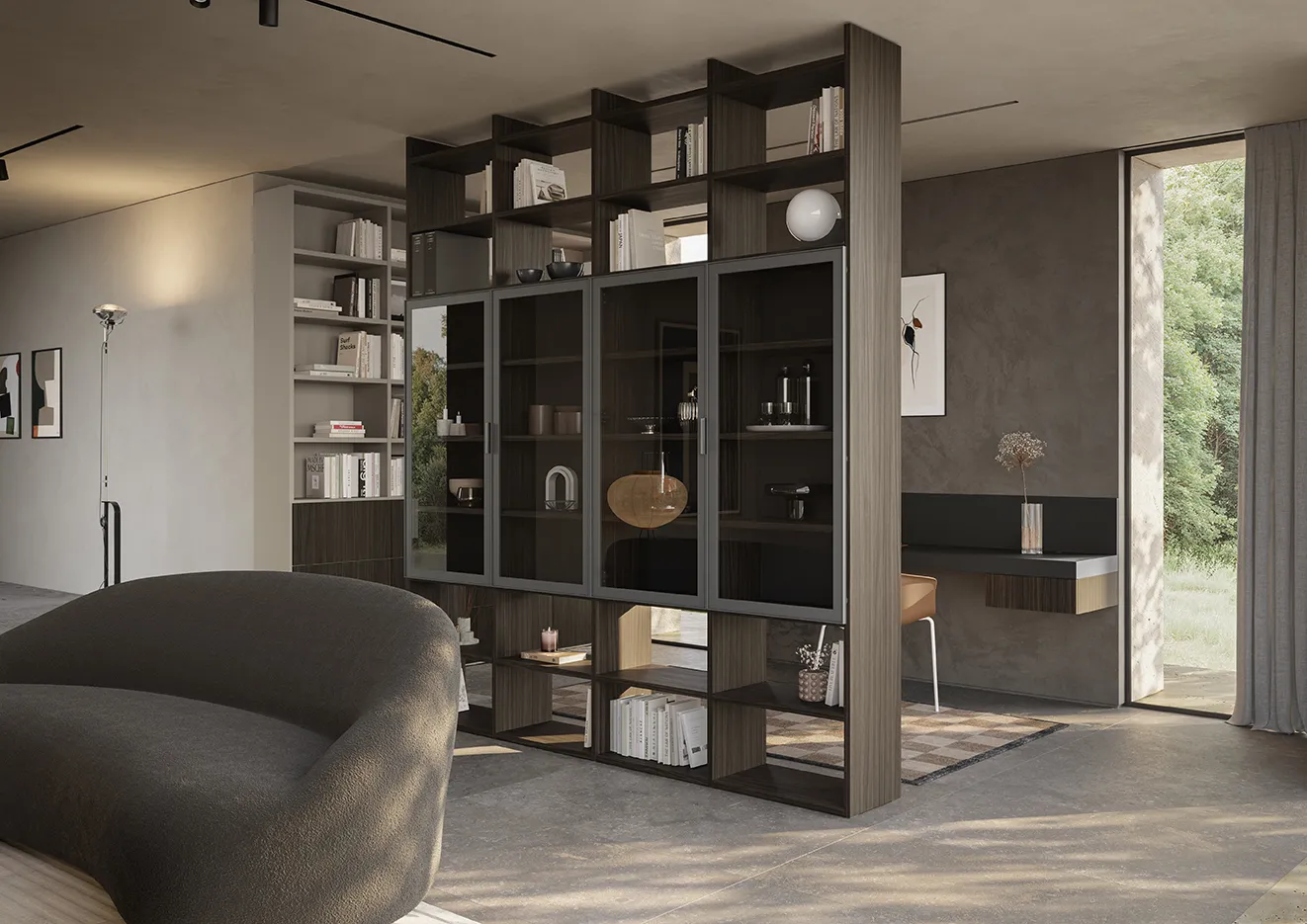 Libreria divisoria bifacciale Golf Utility Space Colombini scura con vetrine fumé tra soggiorno e studio