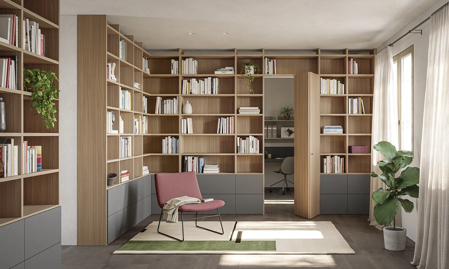 Parete libreria Golf Utility Space Colombini in legno con basi grigie e porta a scomparsa verso lo studio