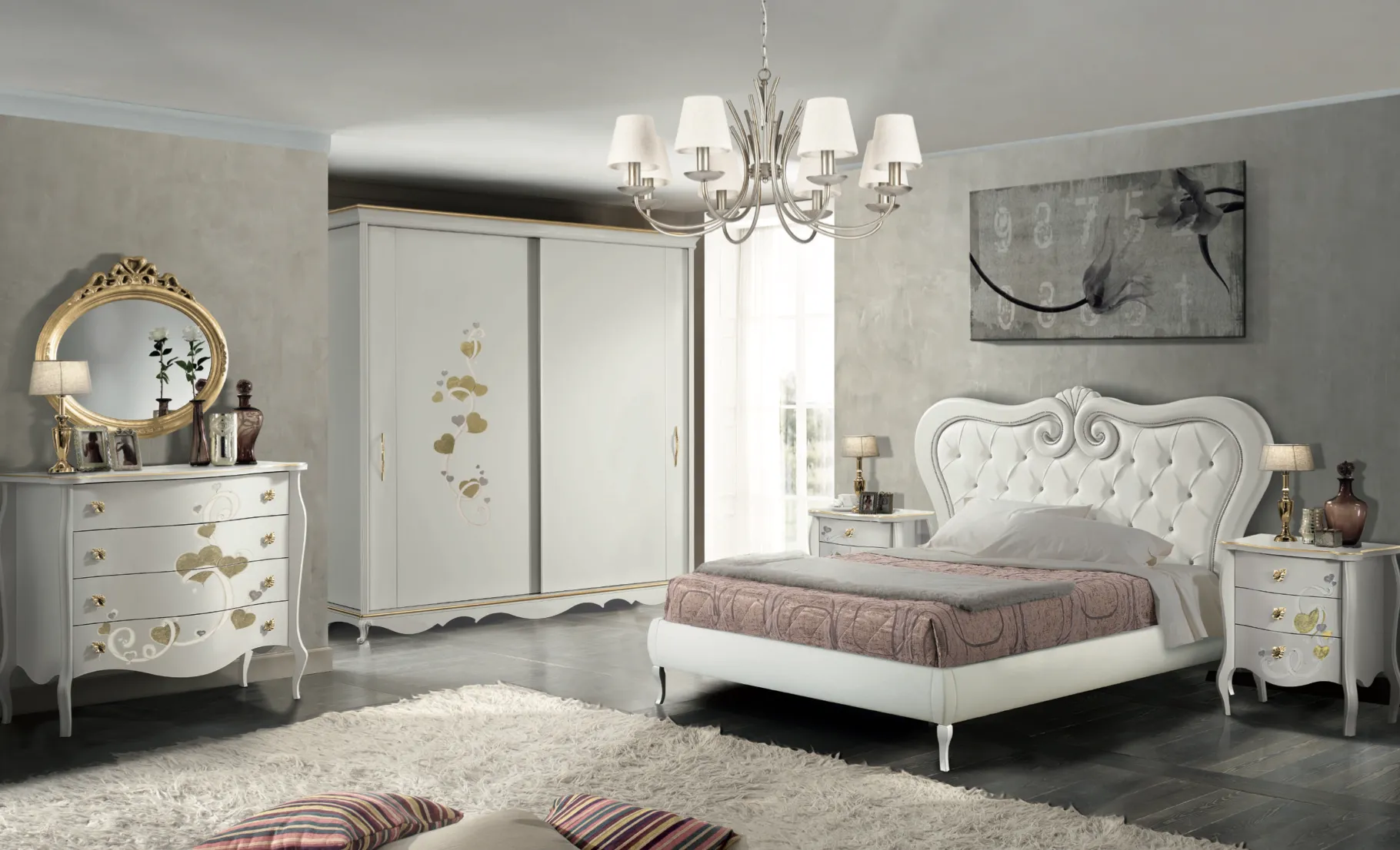 Camera da letto Juliette Mobilificio AG laccata bianca con letto capitonné e armadio decorato