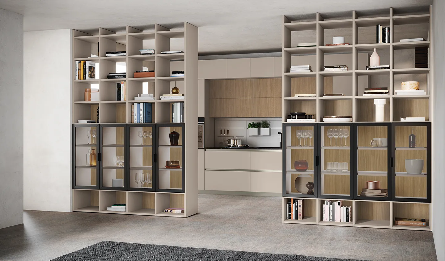 Due librerie divisorie Golf Utility Space Colombini chiare con vetrine tra soggiorno e cucina