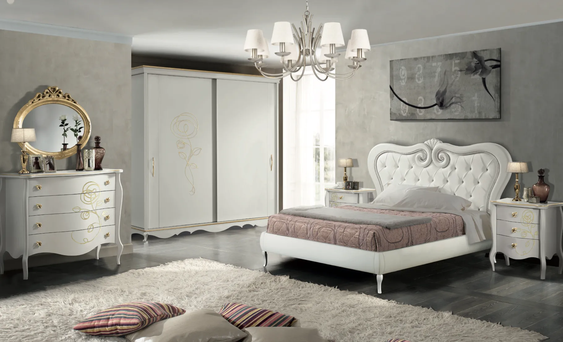 Camera da letto Rose Mobilificio AG laccata bianca con letto imbottito e armadio scorrevole