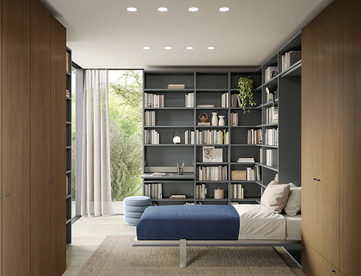Letto a scomparsa Golf Utility Space Colombini tra colonne in legno con libreria ad angolo antracite