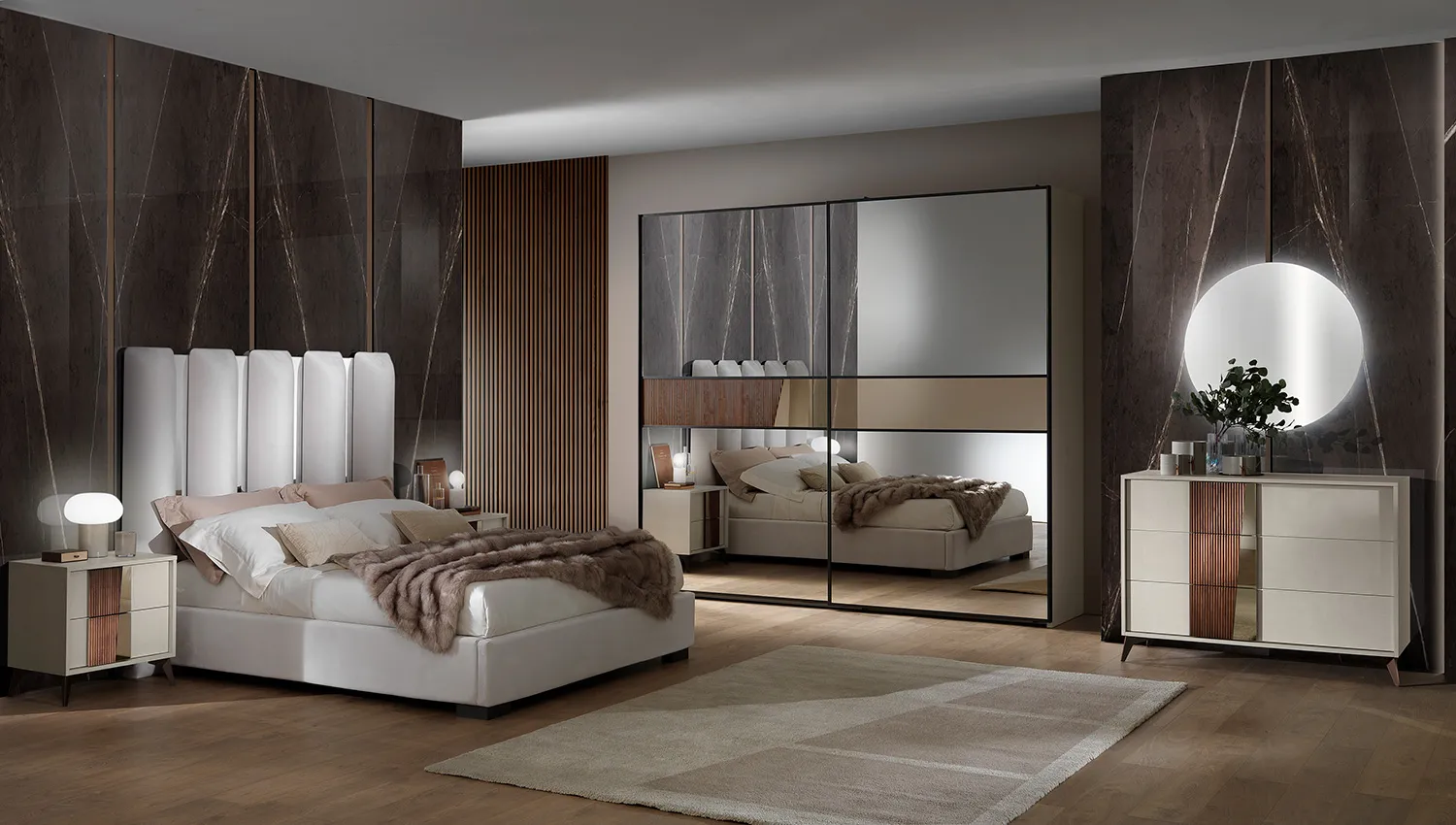 Camera da letto Grazia Mobilpiù con letto imbottito, comò e armadio a specchio
