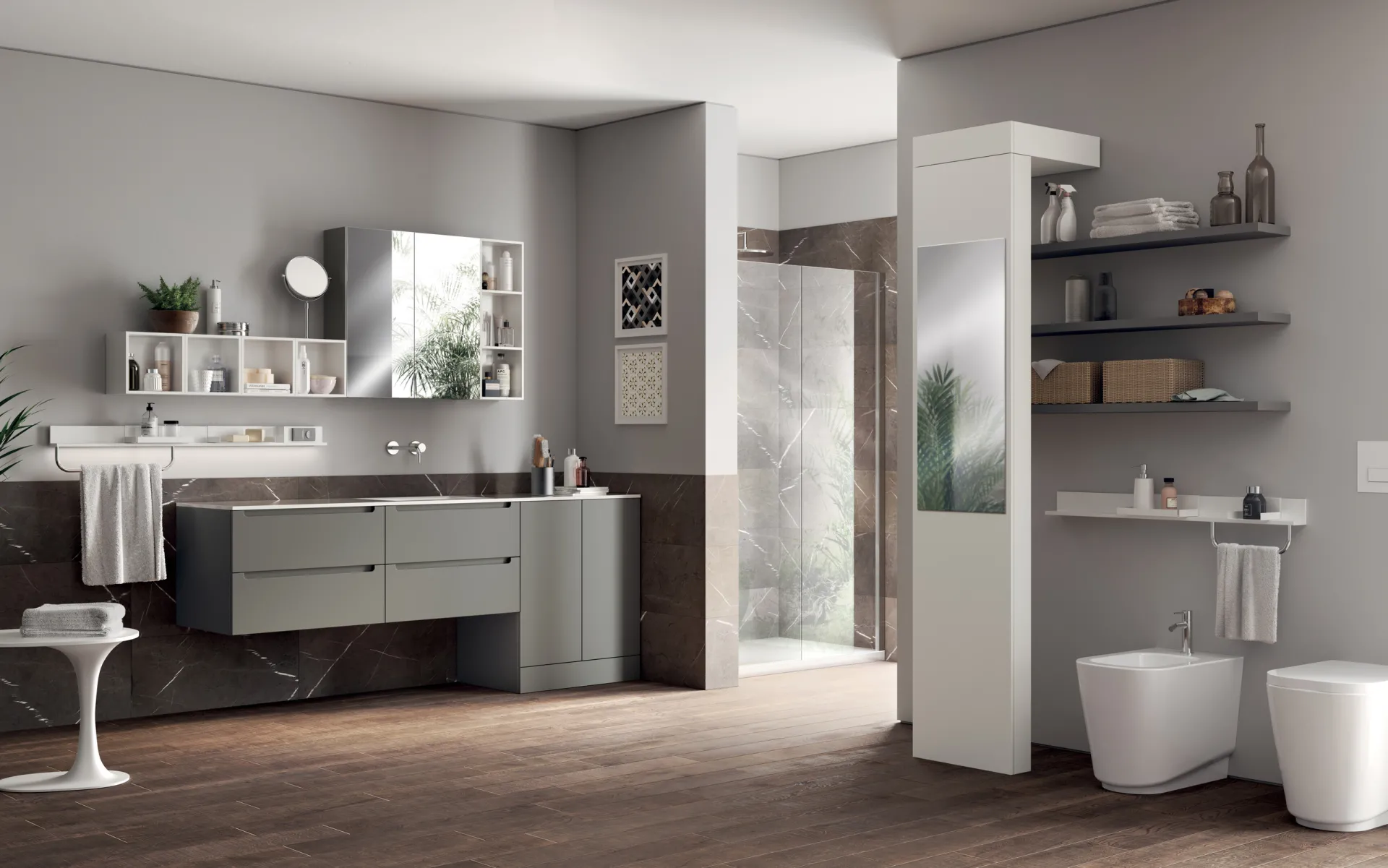 Lavanderia Laundry Space Scavolini con base sospesa Grigio Titanio, parete girevole Around e mensole a giorno