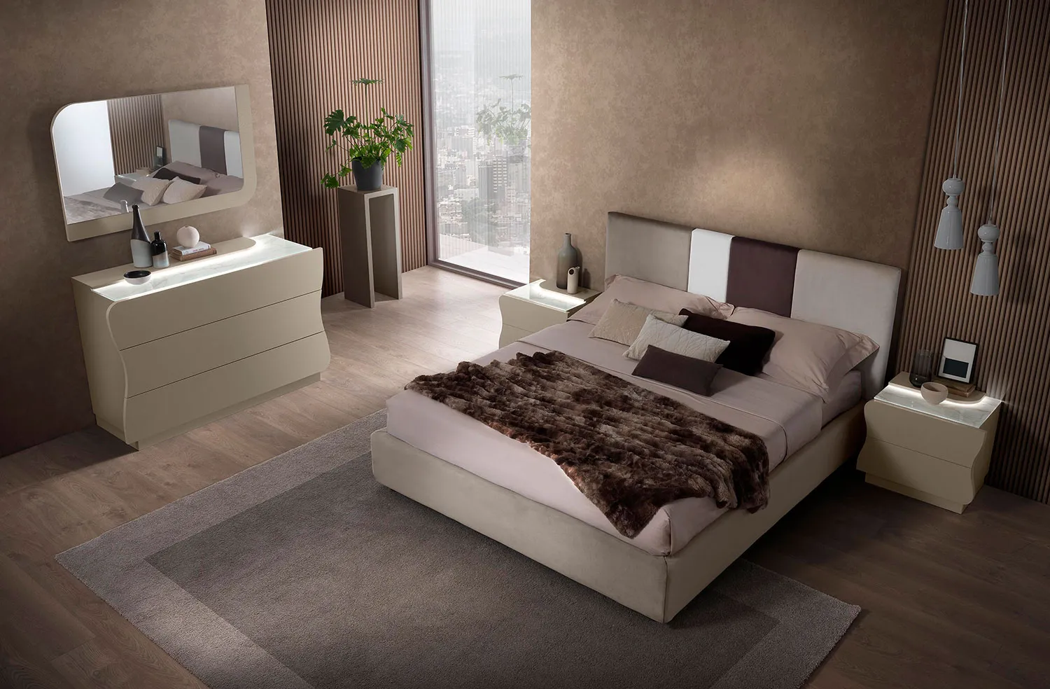 Camera da letto Gaia Mobilpiù in finitura cachemire con letto imbottito