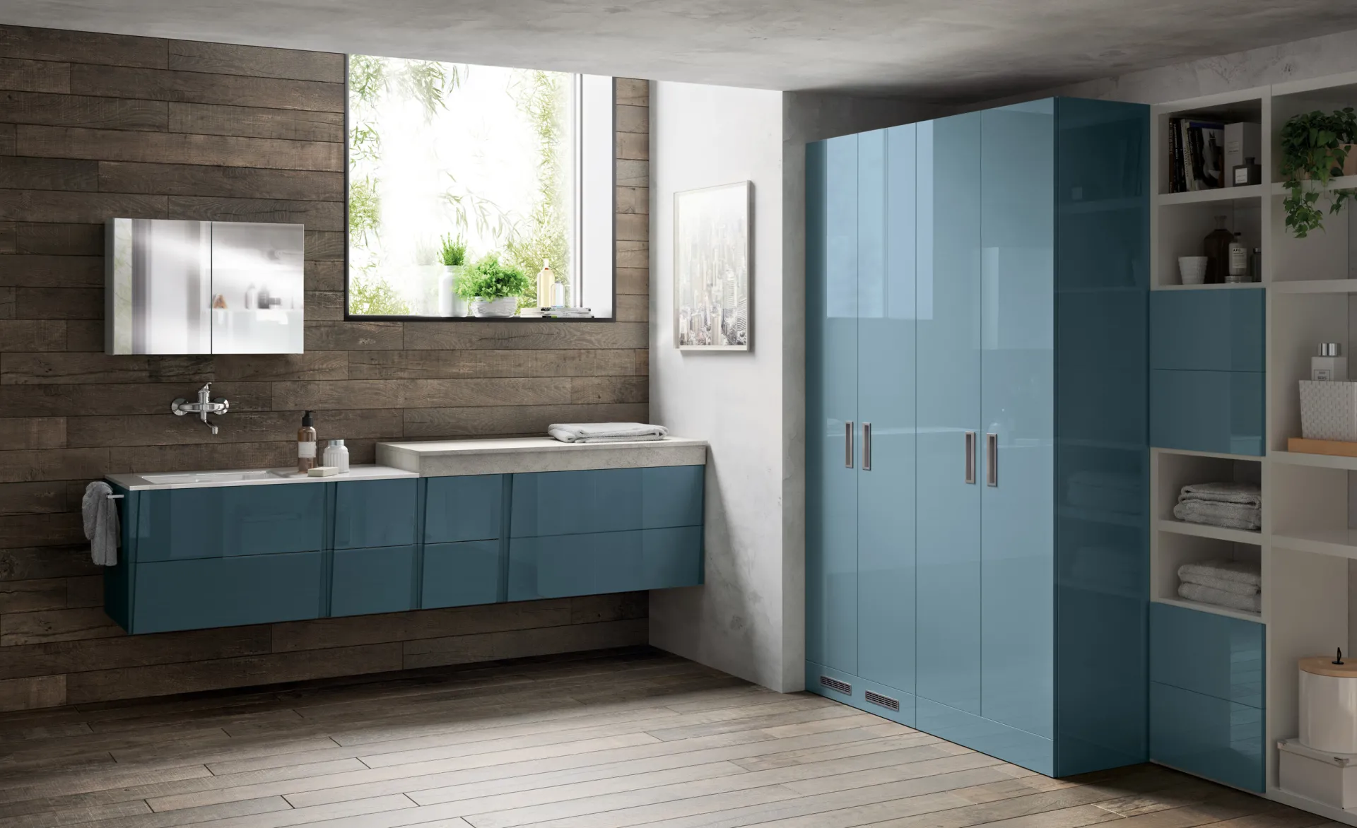Lavanderia Laundry Space Scavolini con basi sospese in laccato lucido Verde Ottanio e armadio coordinato