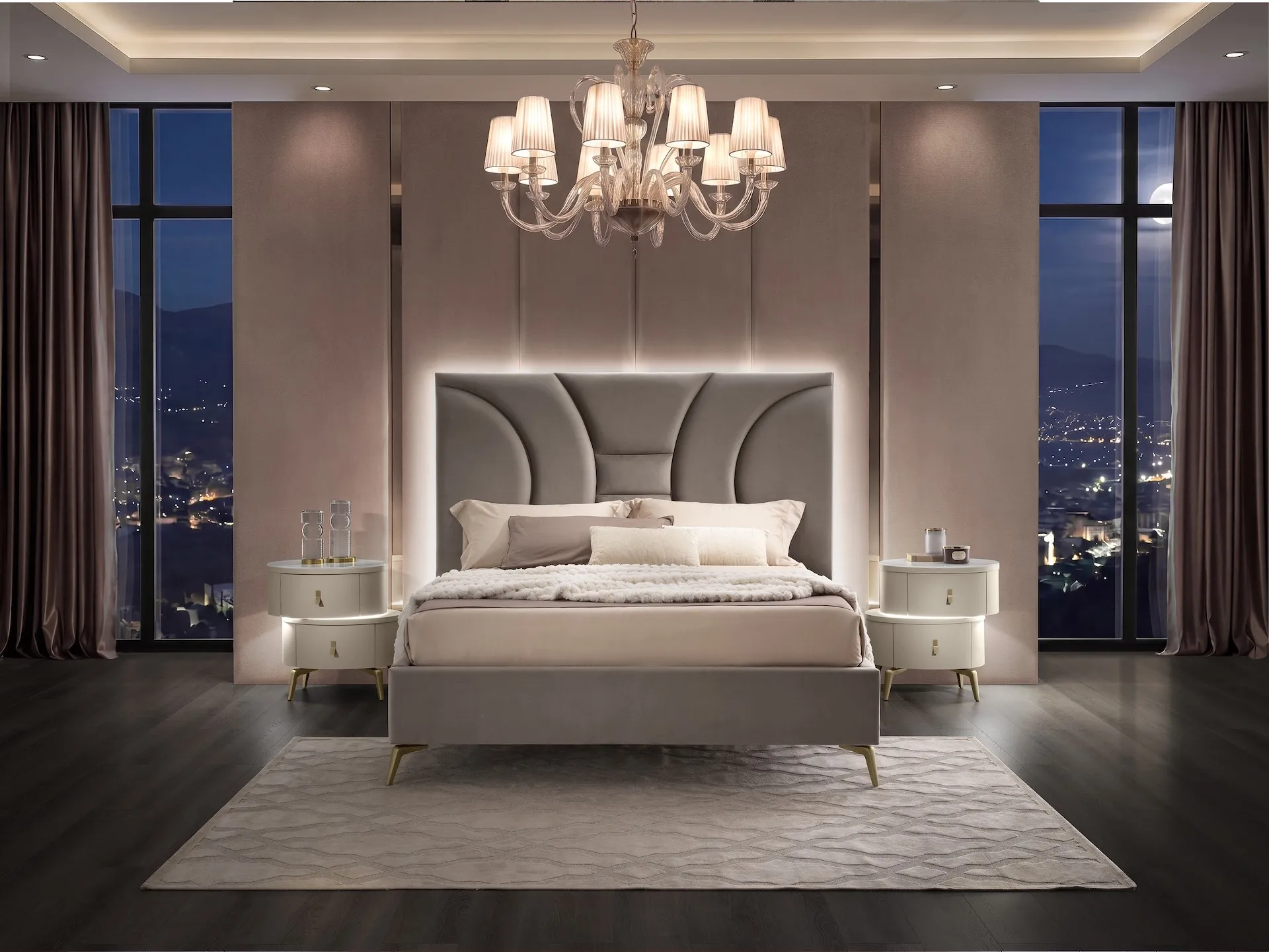 Camera da letto Isidora Mobilpiù con testiera imbottita illuminata e comodini tondi