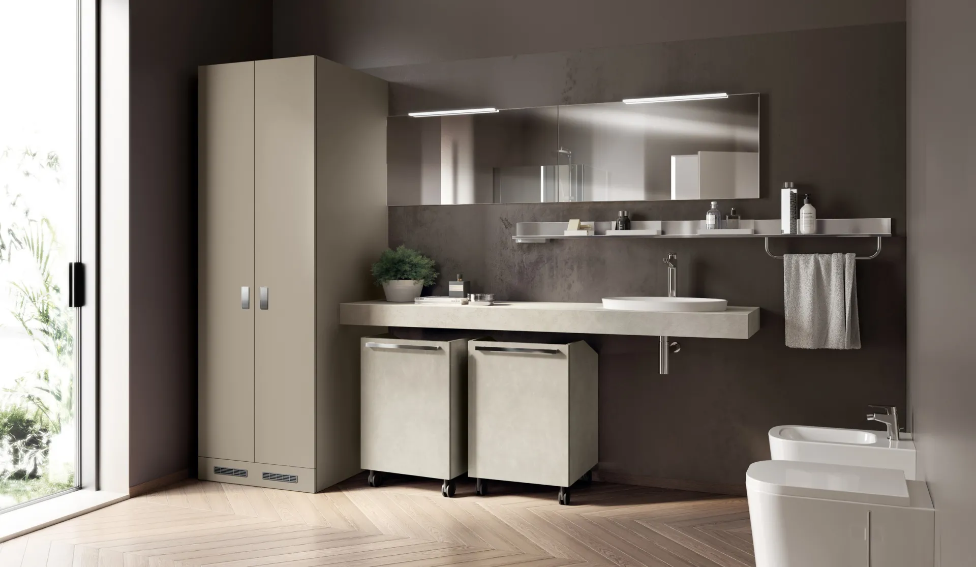 Lavanderia Laundry Space Scavolini con armadio color Visone, piano con lavabo e due portabiancheria Trolley