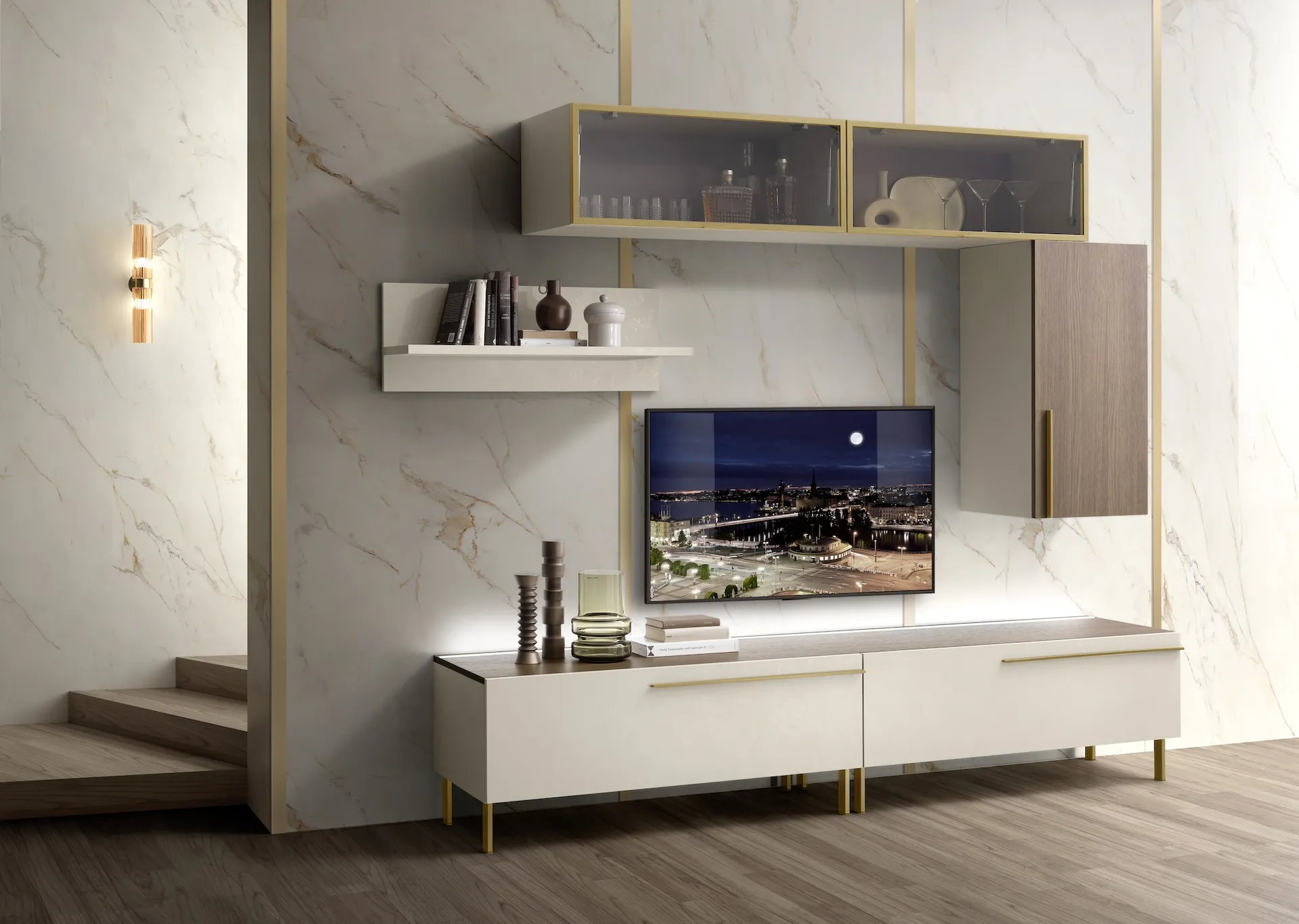 Parete attrezzata Rosa Luxury Mobilpiù con pensili in vetro e base porta TV