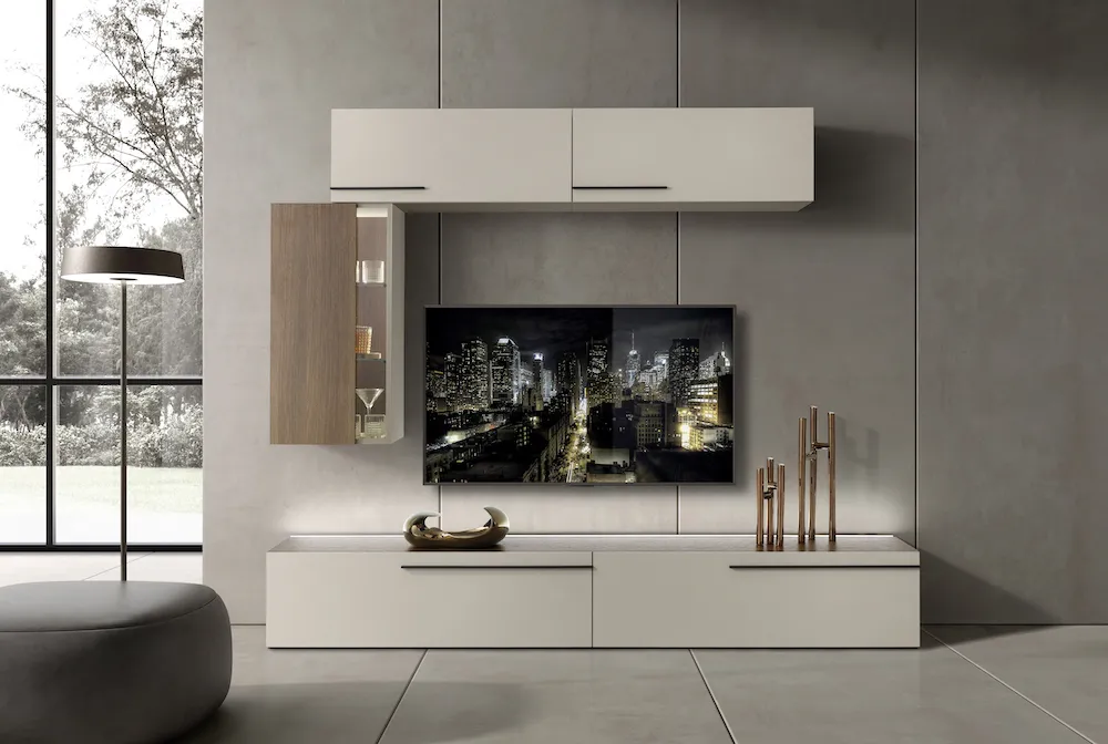 Parete soggiorno Rosa Mobilpiù con pensili e base porta TV sospesa