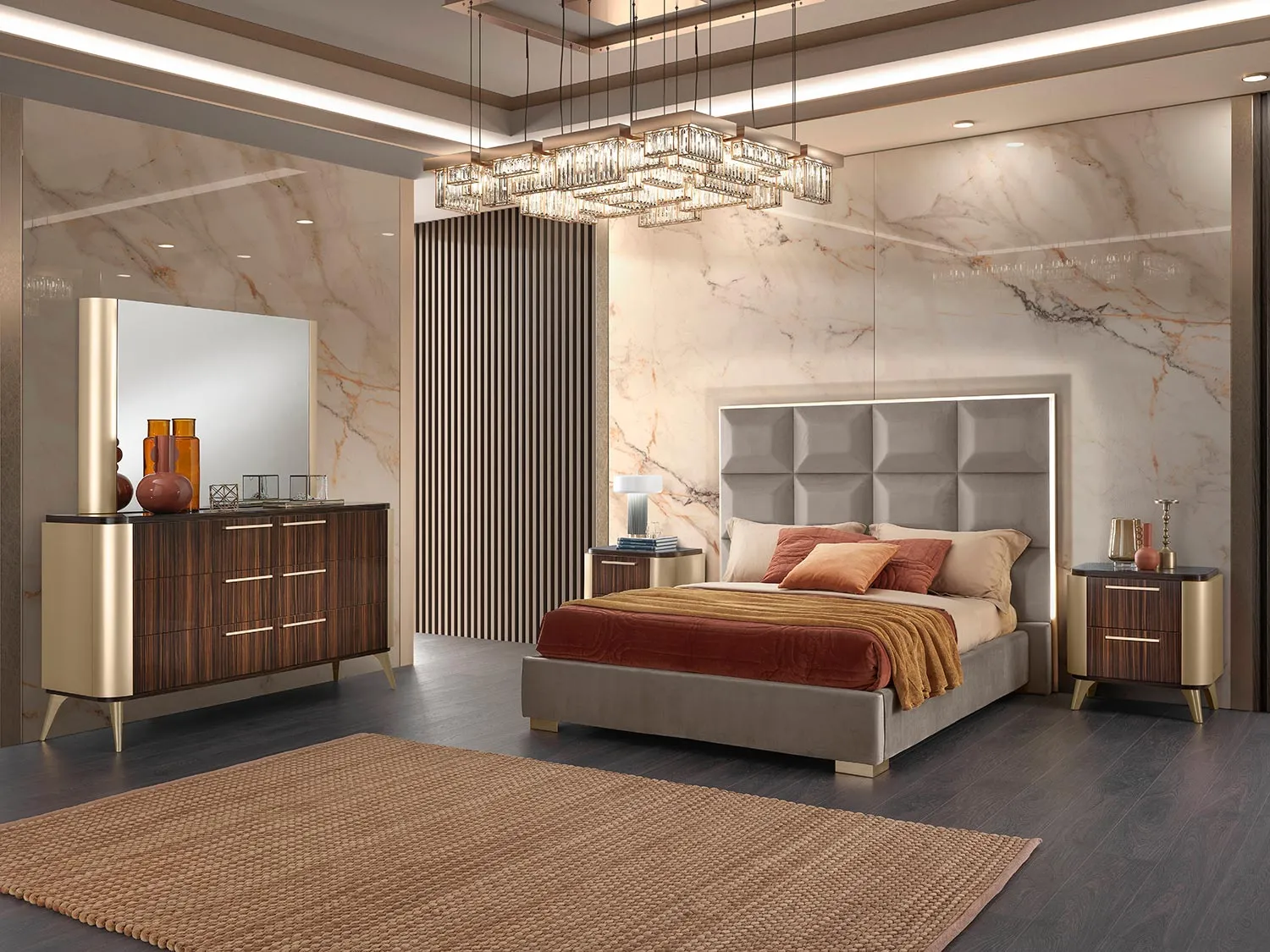 Camera da letto Malibu Mobilpiù in Makassar con letto a pannelli e comò dorato