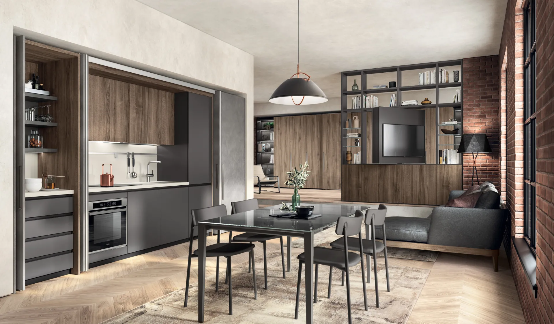 Sistema BoxLife Scavolini in un loft, con cucina dietro ante scorrevoli effetto legno e libreria con televisore
