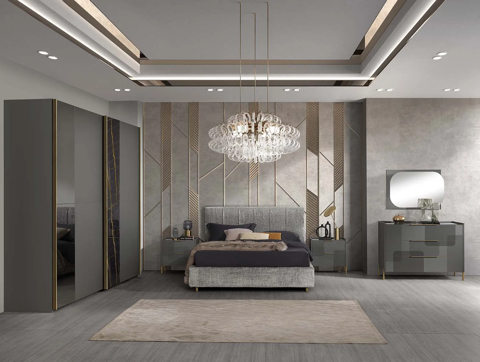 Camera da letto Stella Luxury Mobilpiù grigio scuro con armadio e comò