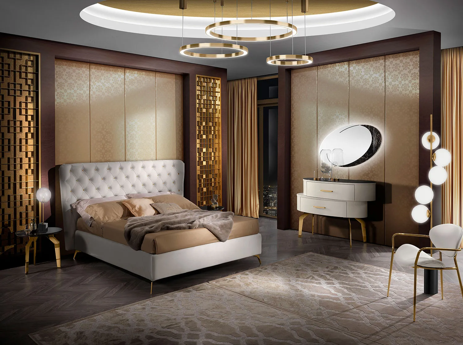 Camera da letto Movida Luxury Mobilpiù con letto capitonné e comò ovale