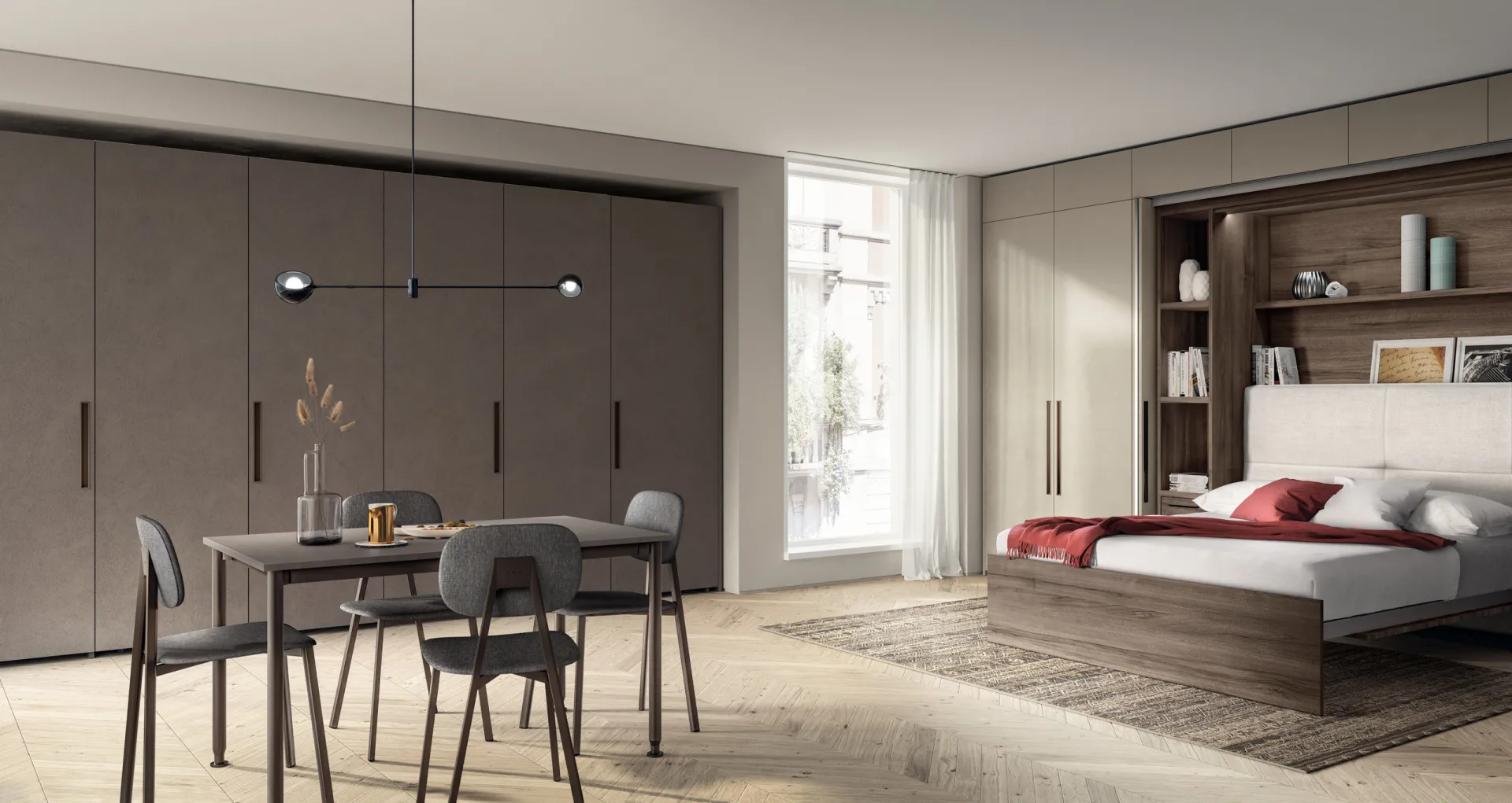 Sistema BoxLife Scavolini con letto matrimoniale a scomparsa in una nicchia effetto noce fra gli armadi