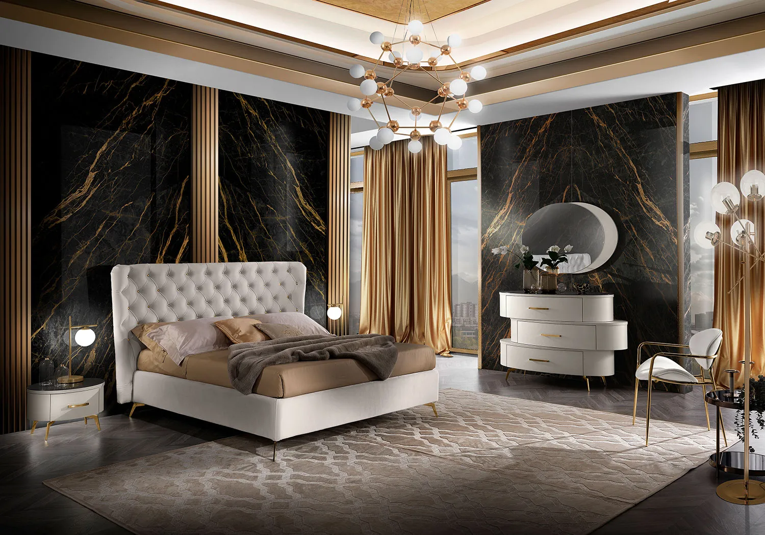 Letto Movida Luxury Mobilpiù bianco davanti a pareti effetto marmo nero oro