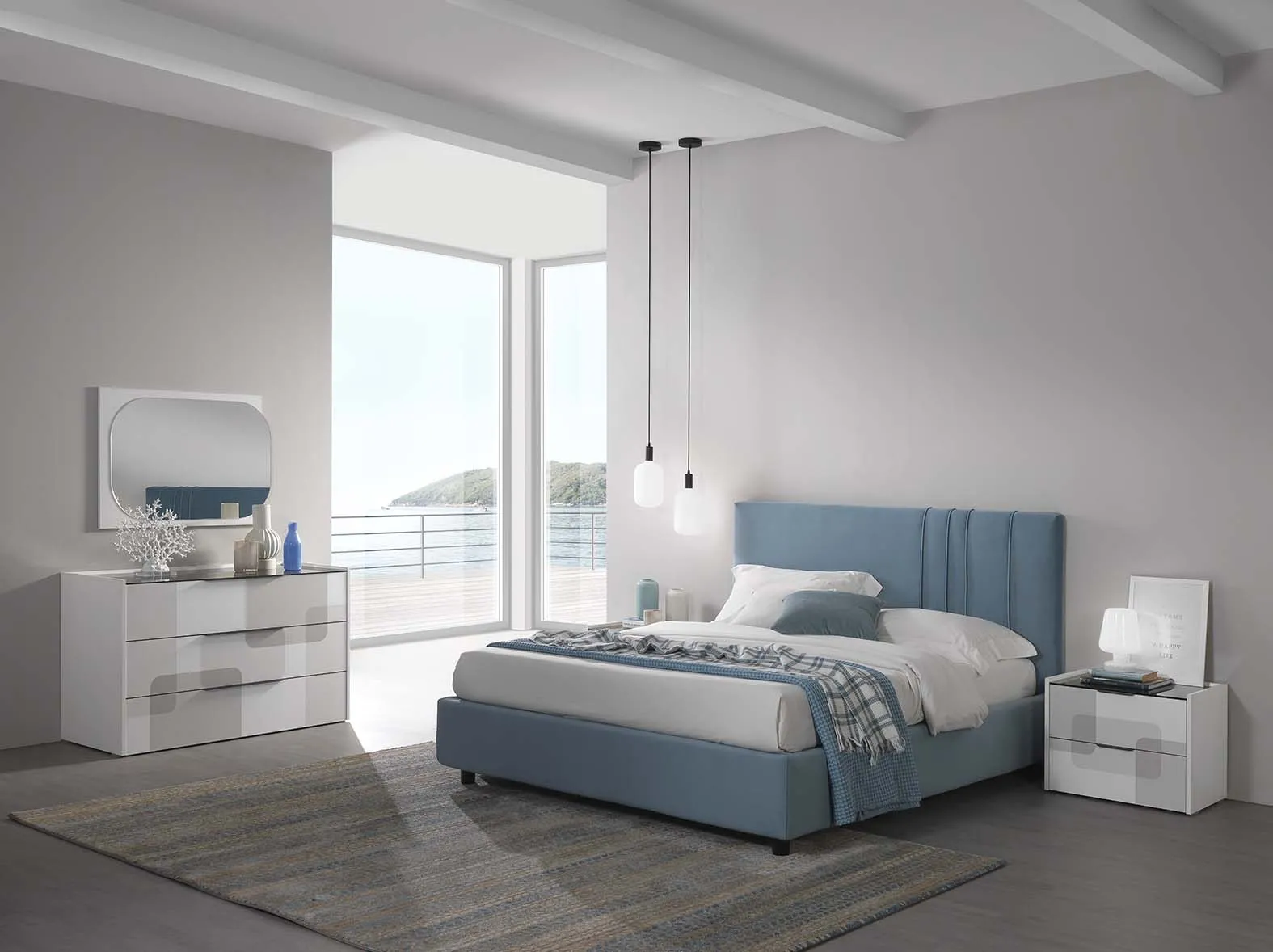 Camera Stella Mobilpiù bianco talco con letto azzurro a fasce