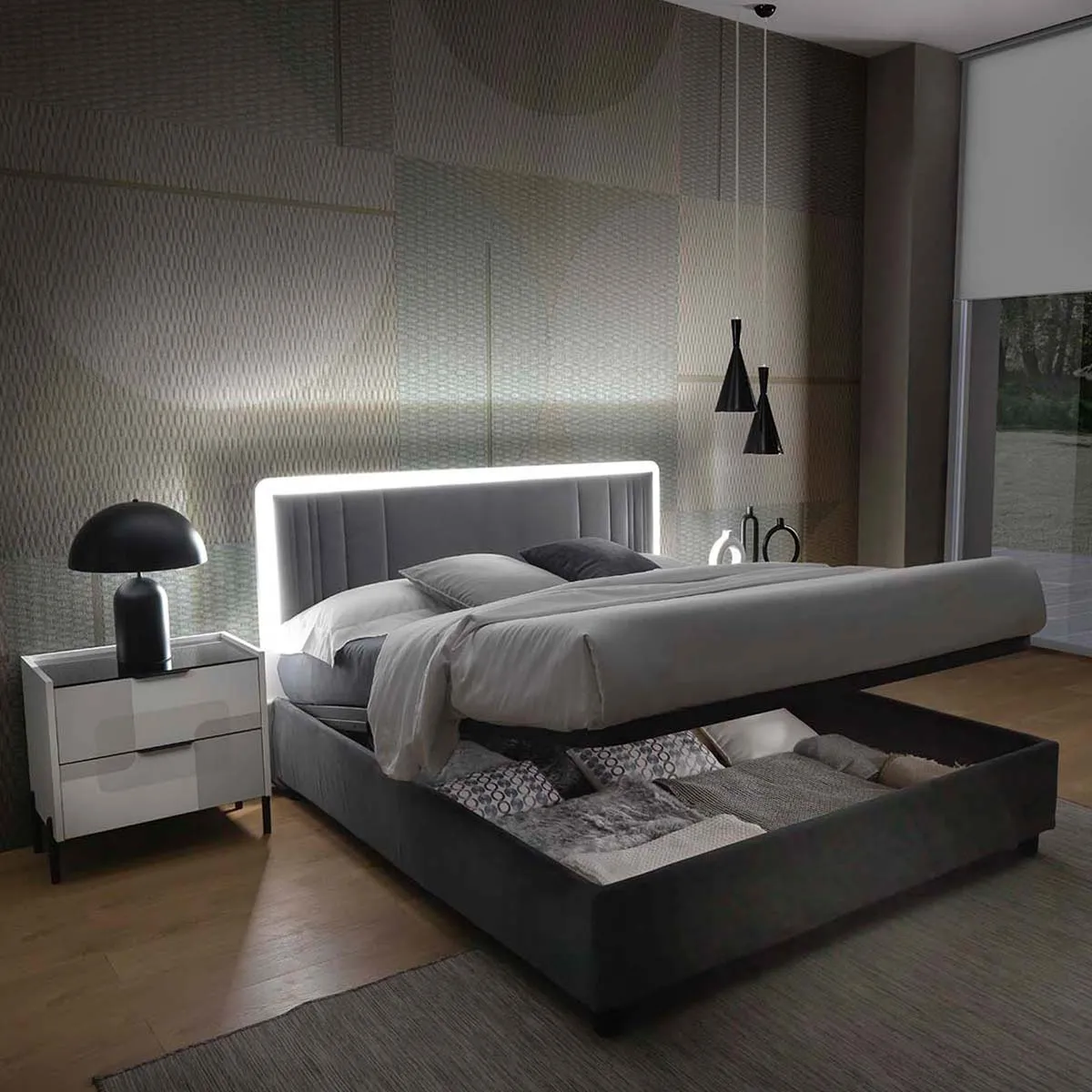Letto contenitore Stella Mobilpiù aperto con testiera illuminata