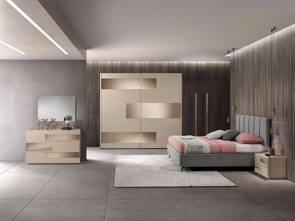 Camera Linda Mobilpiù con letto grigio e comò a fasce bronzo