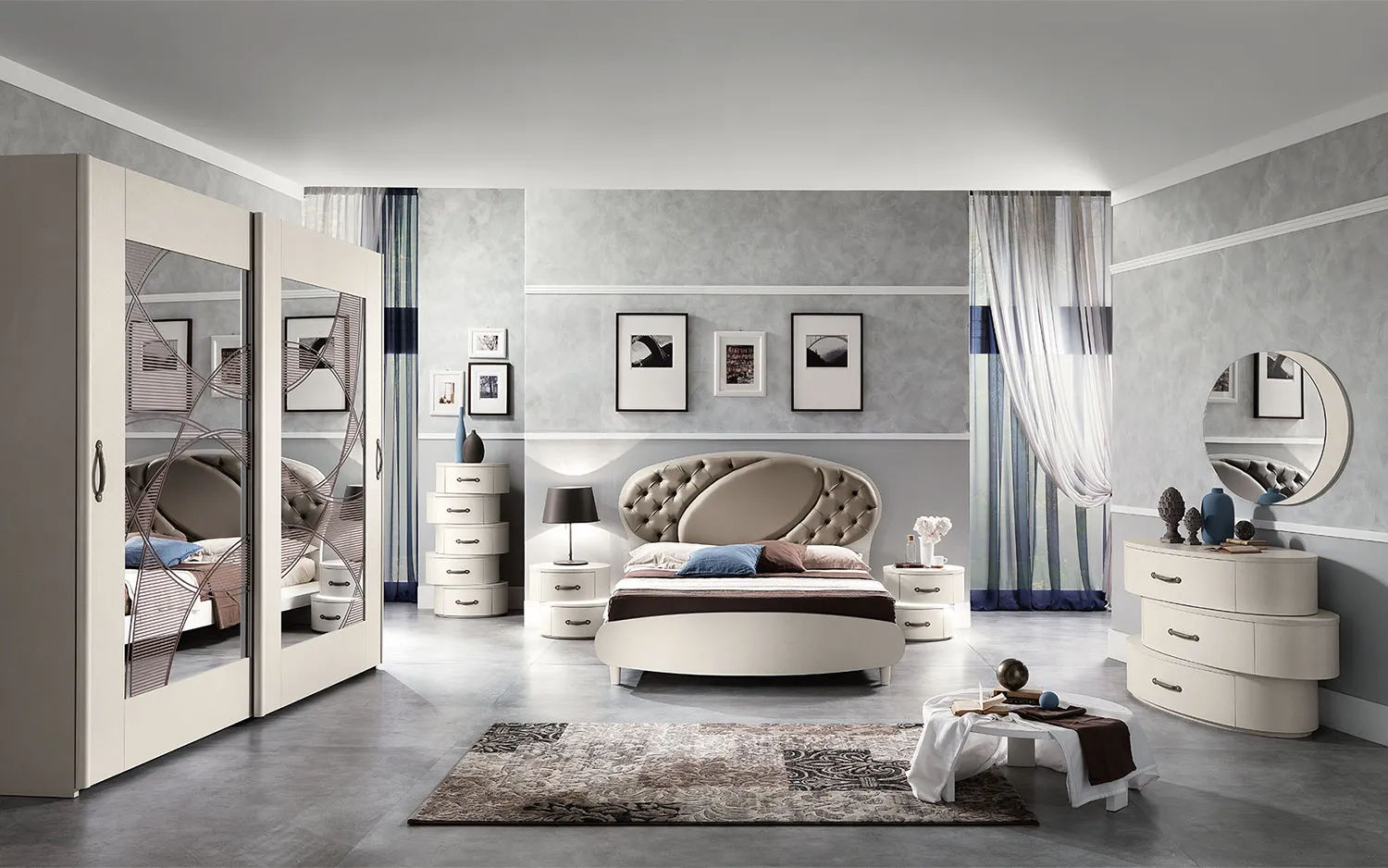 Camera da letto Movida Mobilpiù ecomalta con armadio a specchio e letto capitonné