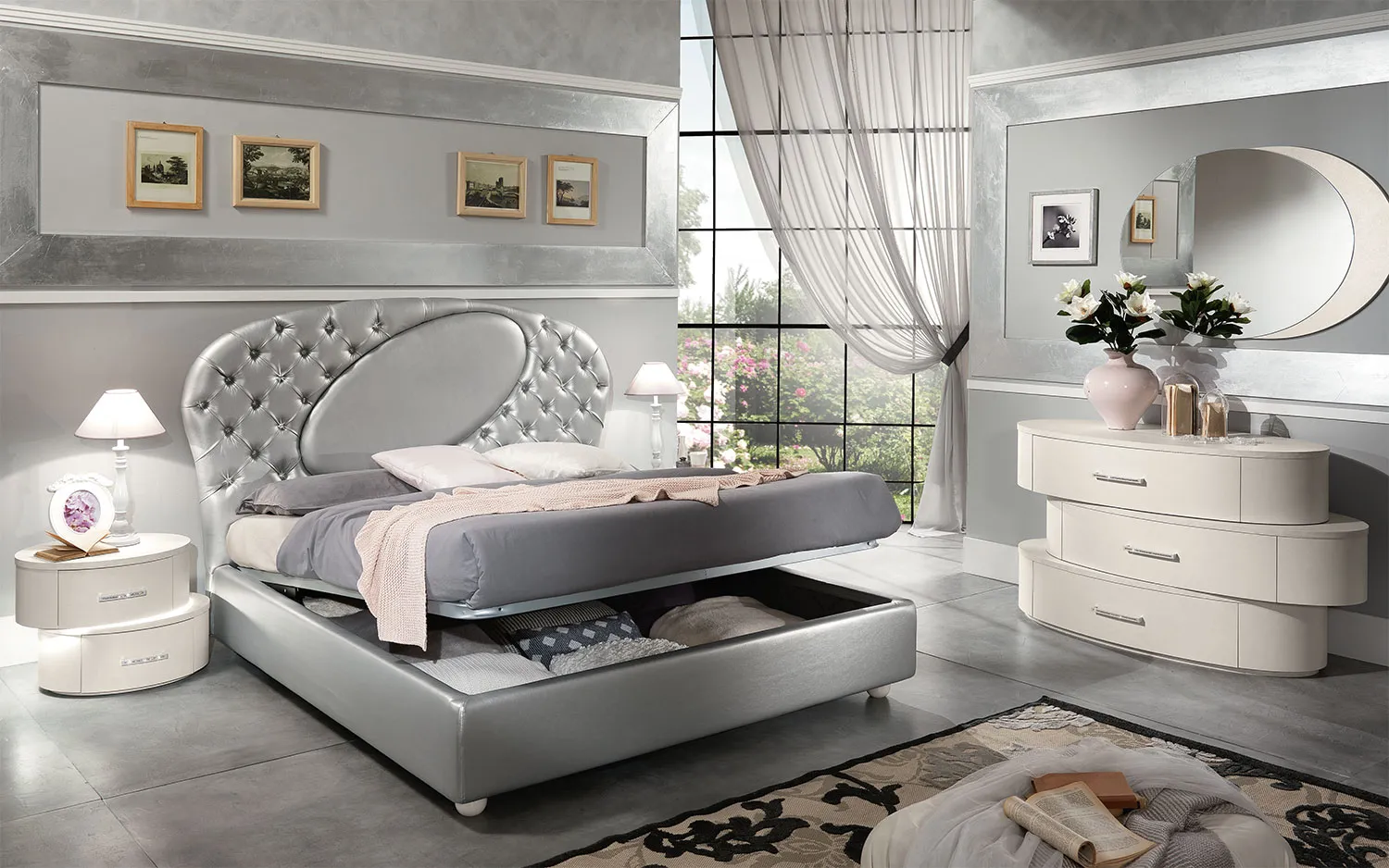 Letto contenitore Movida Mobilpiù aperto con comodino ovale