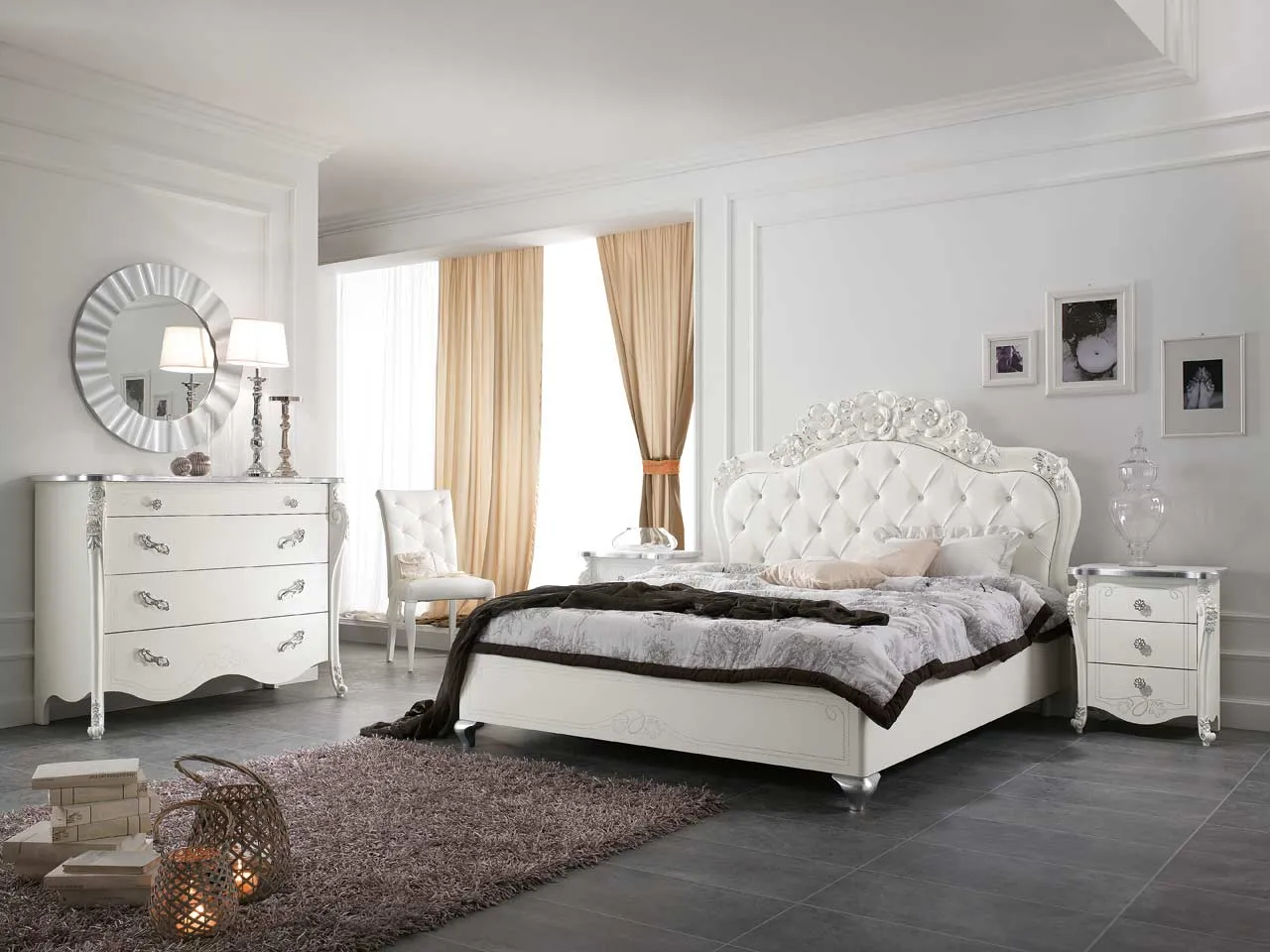 Letto Viola Mobilpiù capitonné bianco con comò e comodino intagliati