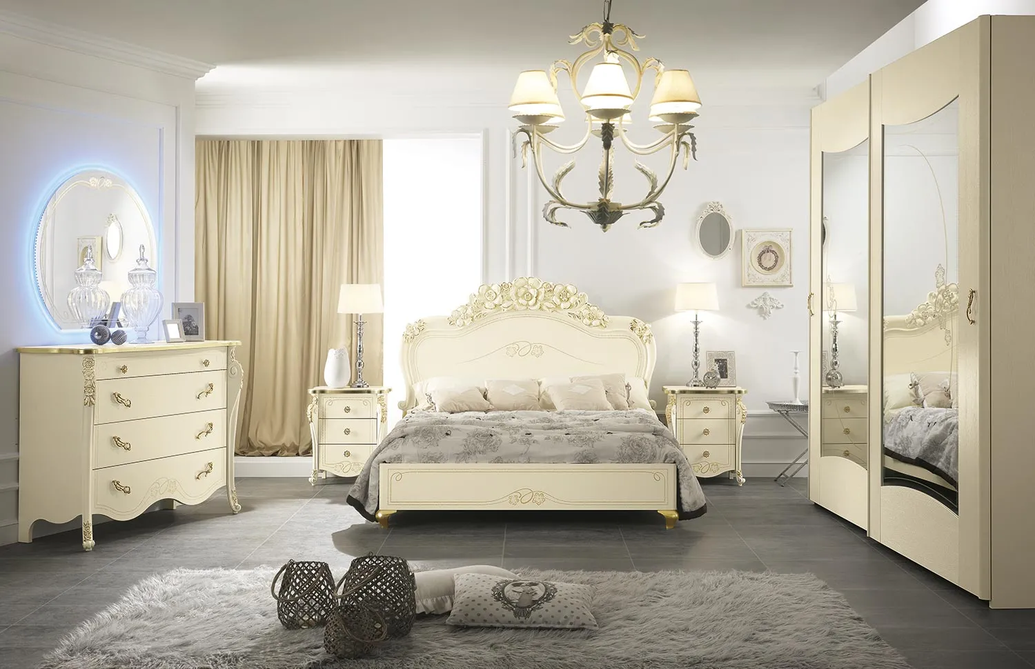 Camera da letto Viola Luxor Mobilpiù beige e oro con armadio a specchio