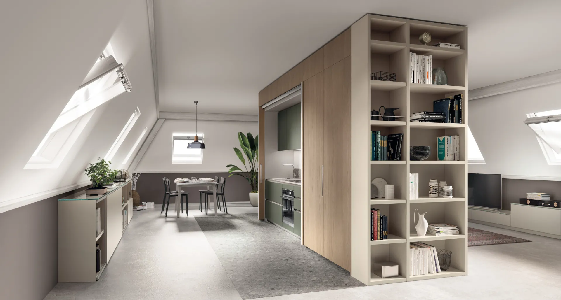 Sistema BoxLife Scavolini come blocco centrale in legno con libreria a giorno su un lato, in una mansarda