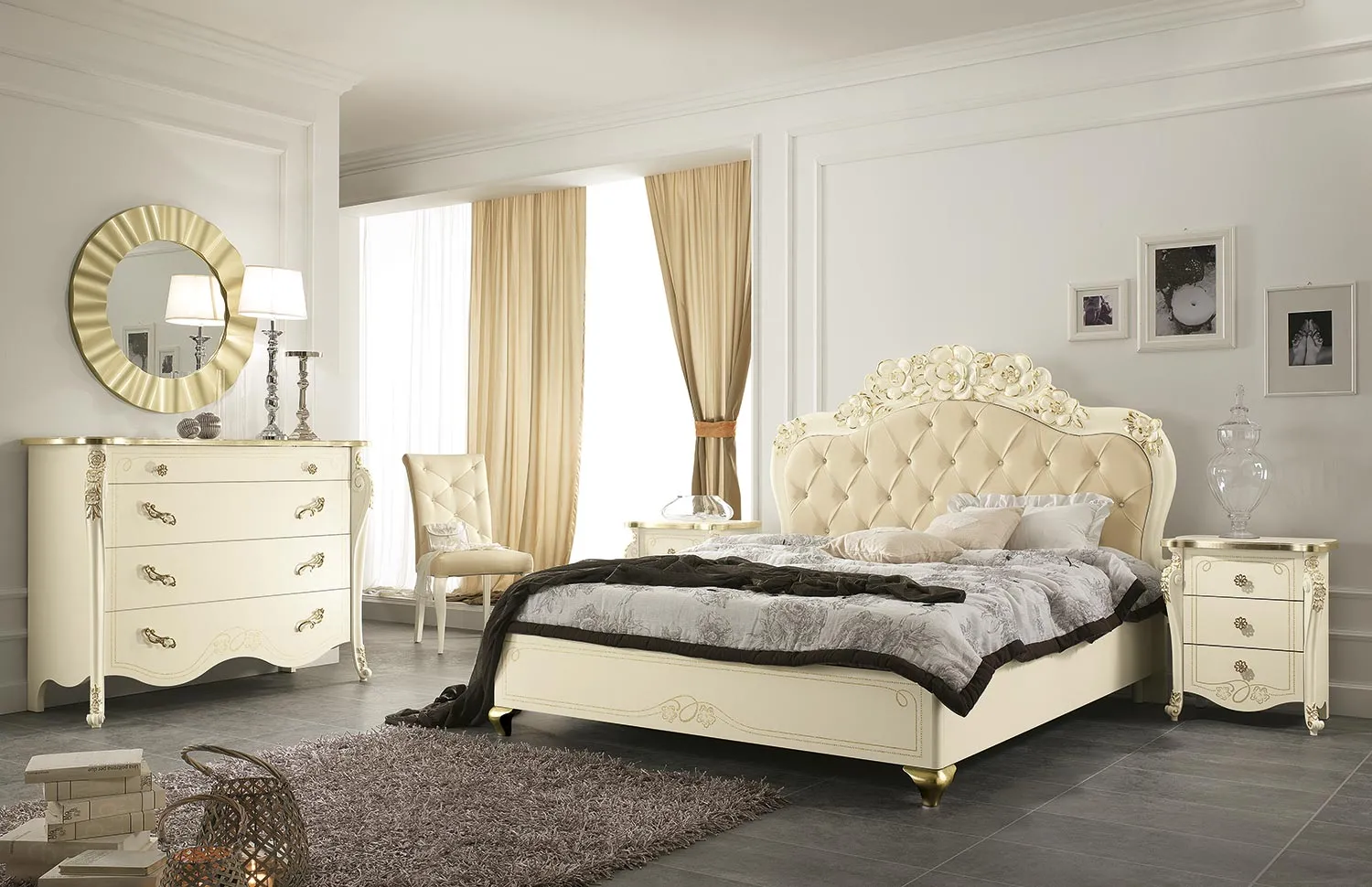 Letto Viola Luxor Mobilpiù capitonné con comò e comodino decorati in oro