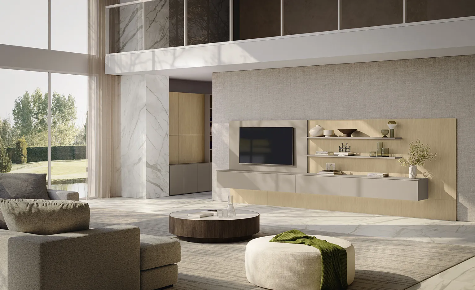 Parete attrezzata Living Space La villa Colombini con pannello in legno chiaro, mensole e base sospesa tortora