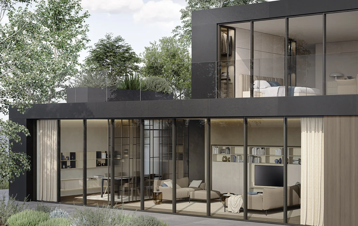 Villa con soggiorno arredato Living Space Colombini visto dall'esterno attraverso le vetrate