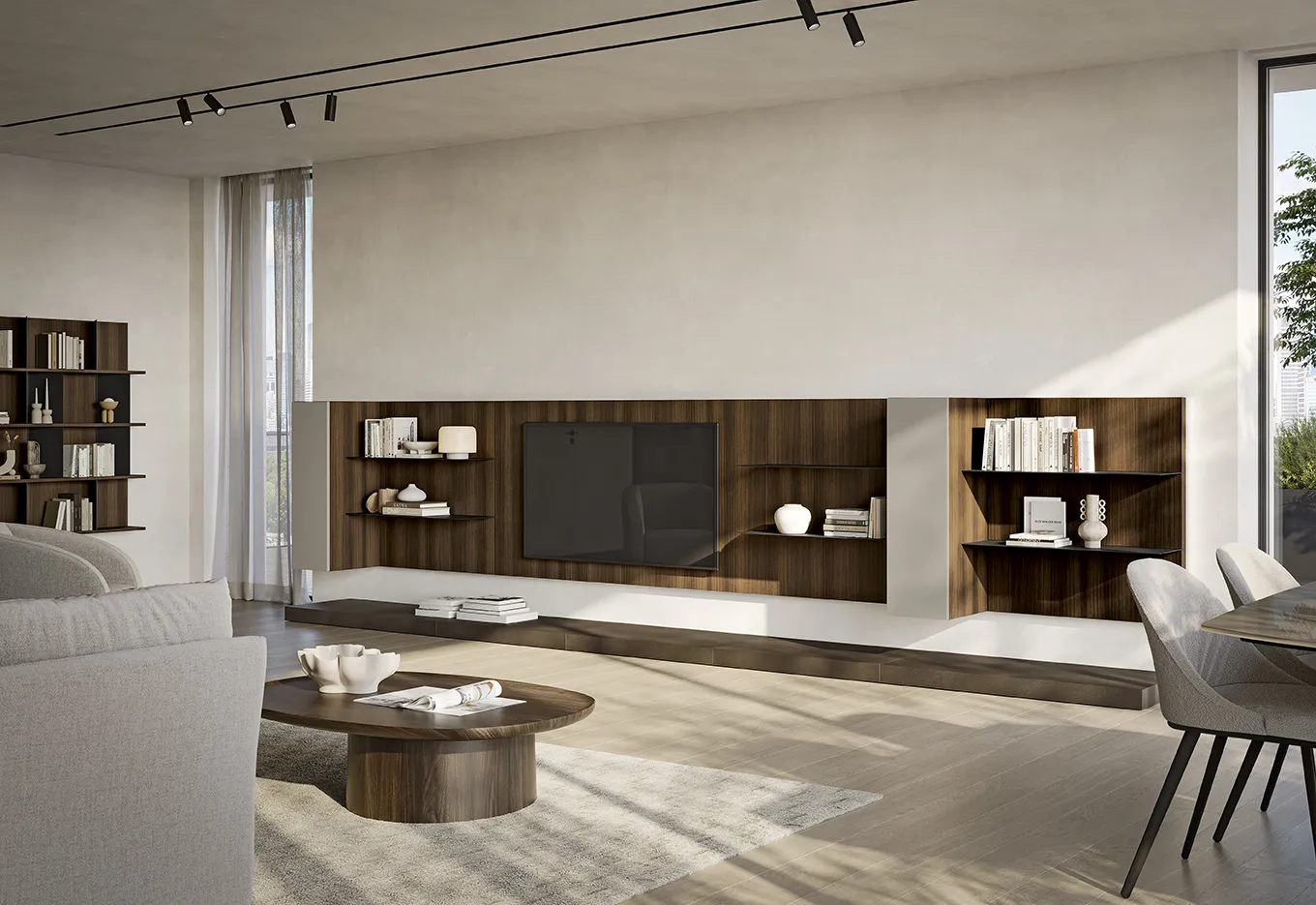 Soggiorno Living Space Il loft urbano Colombini con pannello in legno scuro, tv e mensole in metallo su pedana
