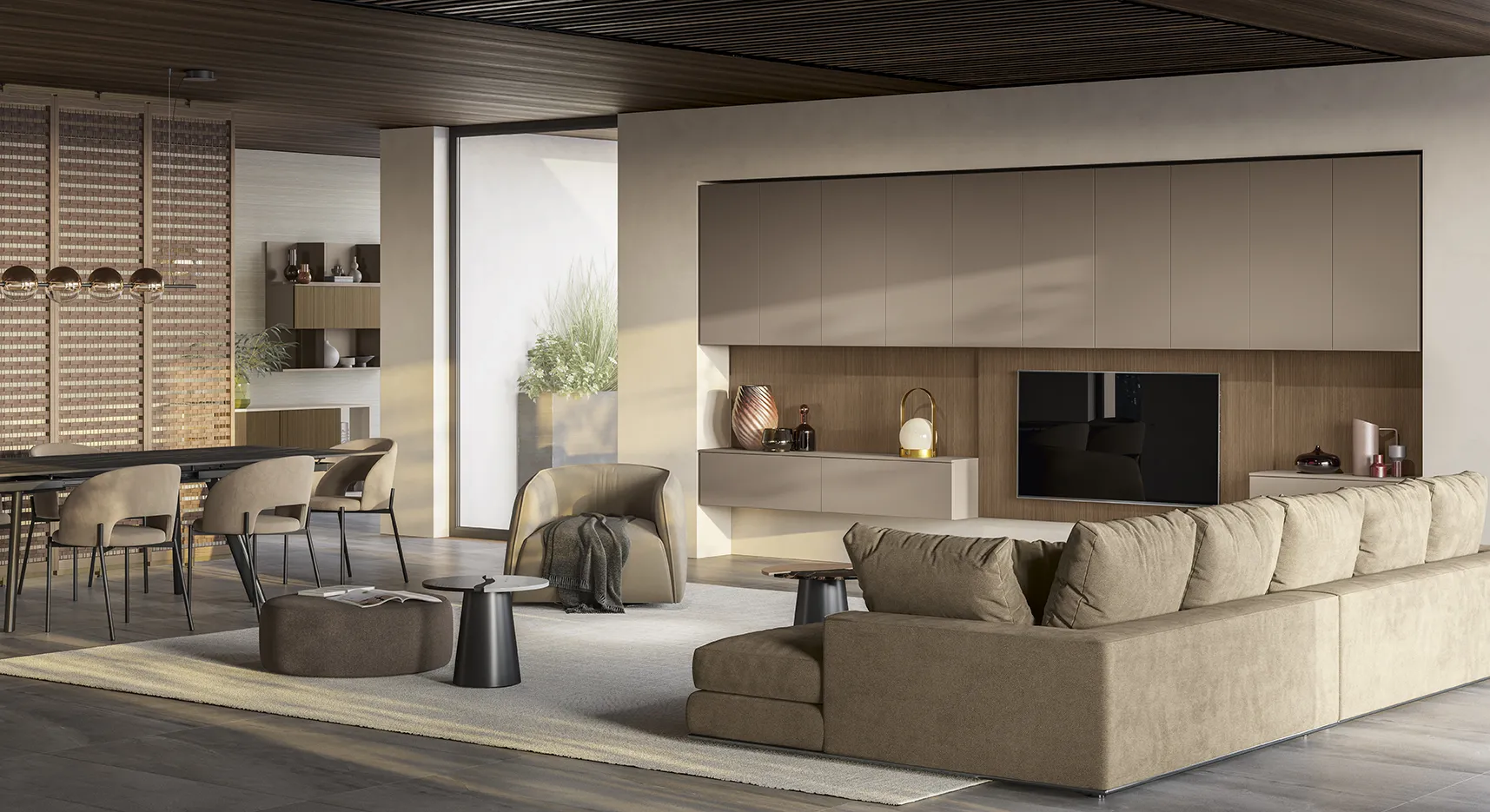 Parete attrezzata Living Space Il loft urbano Colombini con pensili tortora a ponte e schienale in legno