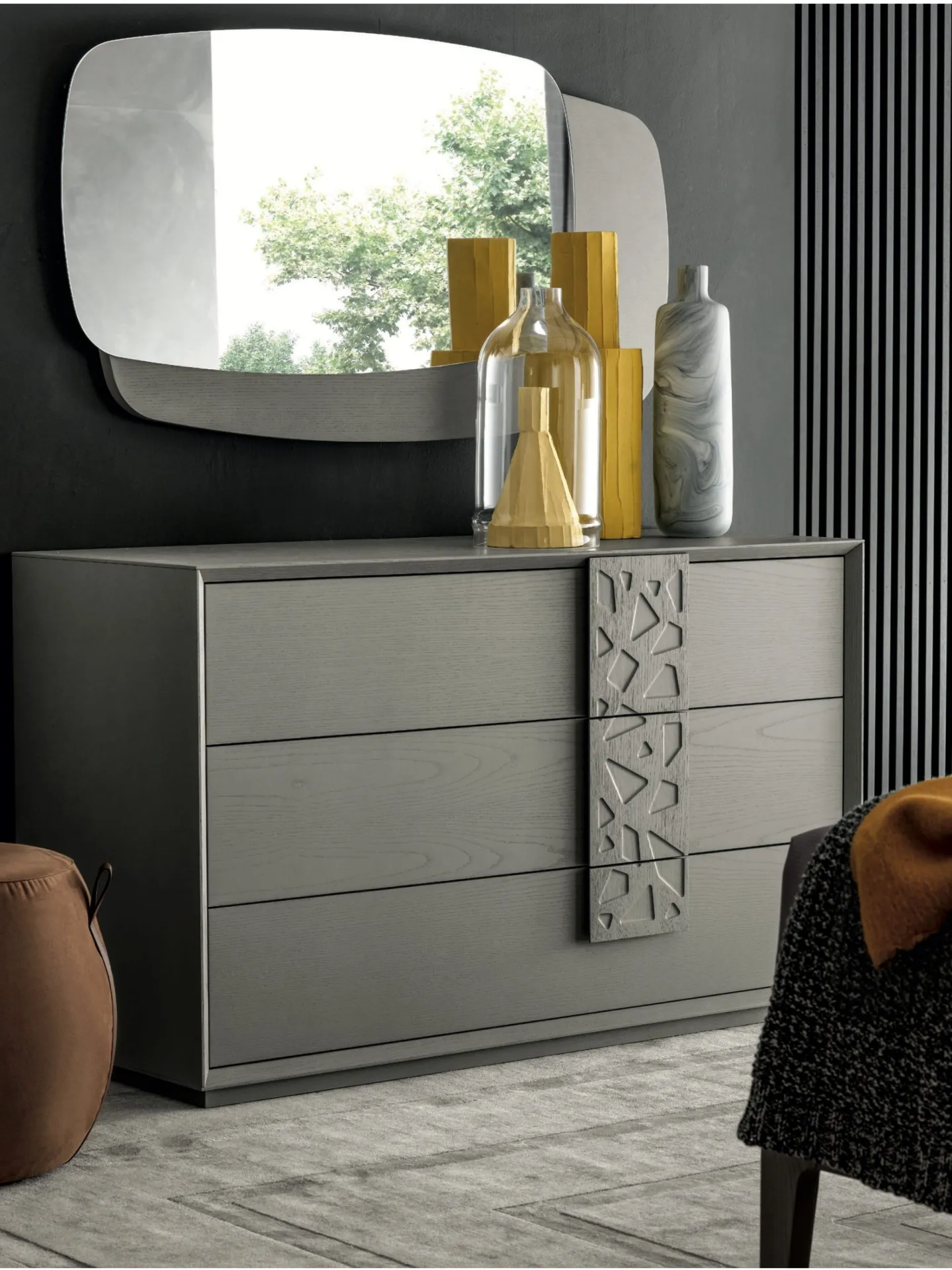 Comò Moonlight Modo 10 grigio con decoro e specchio rotondo