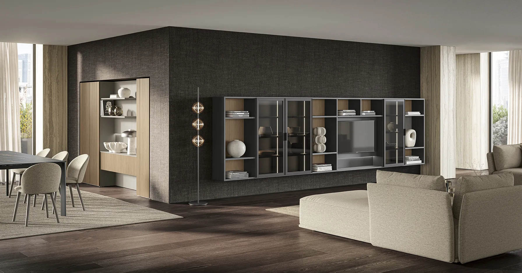 Libreria a parete Living Space Il loft urbano Colombini antracite con vetrine, fondi in legno e vano tv