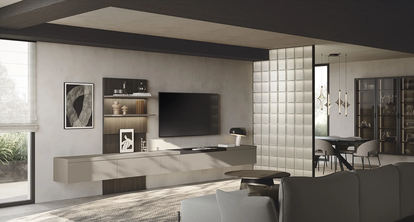 Soggiorno Living Space Il loft urbano Colombini con base sospesa tortora e retro in legno illuminato