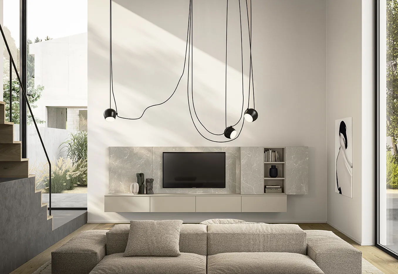 Soggiorno Living Space L'appartamento duplex Colombini con pannelli effetto pietra, tv e base sospesa chiara