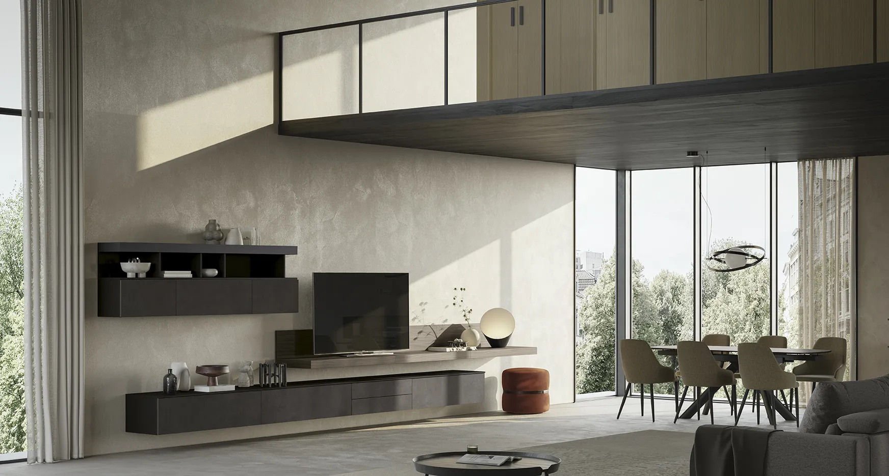 Parete attrezzata Living Space L'appartamento duplex Colombini con elementi sospesi scuri sotto il soppalco