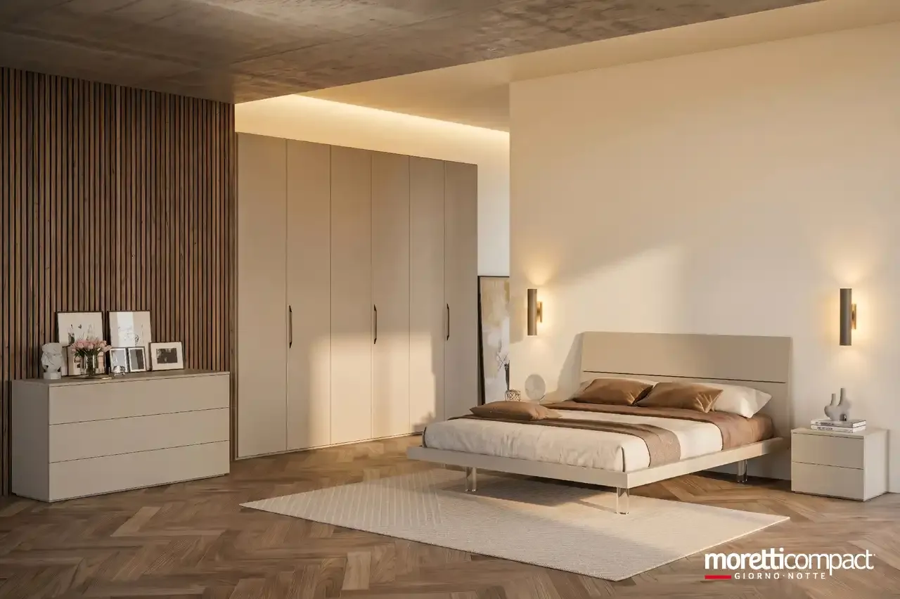 Camera da letto Prime PR1 Moretti Compact con armadio battente, comò Argo e letto Mix