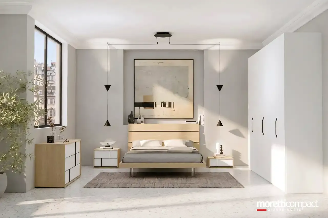 Camera da letto Prime PR3 Moretti Compact con letto Tree, comò Profile in rovere e armadio bianco